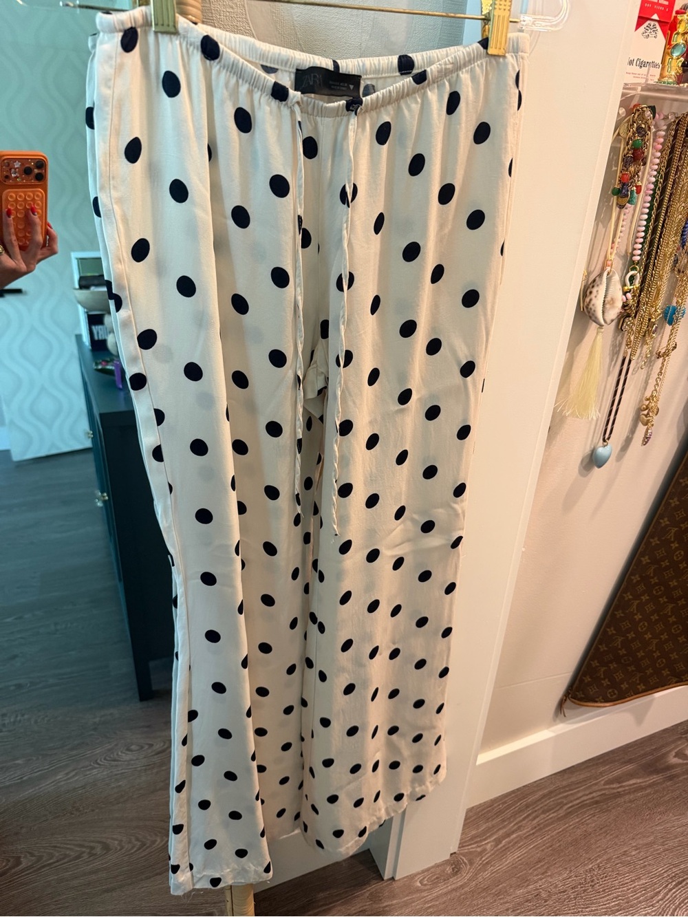 Zara Cream Straight-Leg Satin Pants with Black Polka Dots